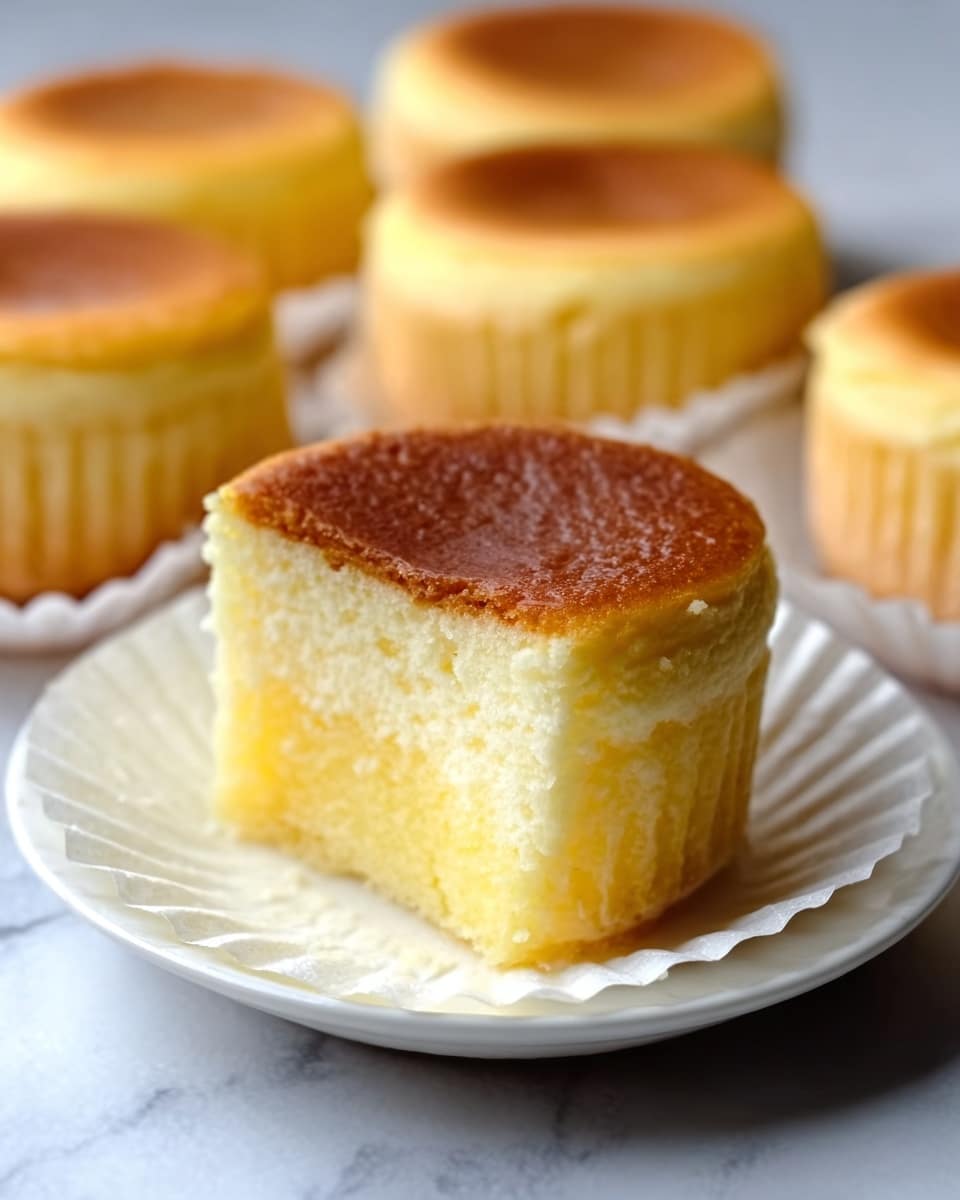 The image shows a close-up of a soft, round cheesecake with a smooth and light yellow inside texture. The cheesecake has a golden brown top layer that is slightly glossy and evenly baked. It is placed on a small white scalloped plate which rests on a white marbled surface. Surrounding the main piece, there are several similar cheesecakes in white paper cups, all having the same golden top and creamy inside. The texture looks soft and moist, with a clean cut revealing the inside of the front cheesecake. Photo taken with an iphone --ar 4:5 --v 7