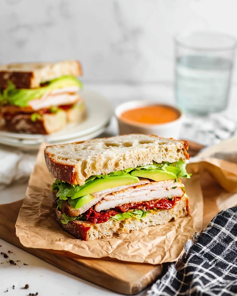 The image shows a sandwich cut in half, with two thick slices of crusty light brown bread, each with a rough texture and large air holes. Between the bread layers, from bottom to top, there is a thick slice of cooked turkey breast, bright green leafy lettuce, slices of avocado, and a layer of red sun-dried tomatoes spread. The sandwich halves are placed on top of a piece of crumpled brown parchment paper on a wooden cutting board with some black pepper scattered around. In the background, another full sandwich sits on a white plate next to a glass of water and a small white bowl with orange sauce. A black and white checkered cloth is visible on the right side. The surface is a white marbled texture. photo taken with an iphone --ar 4:5 --v 7