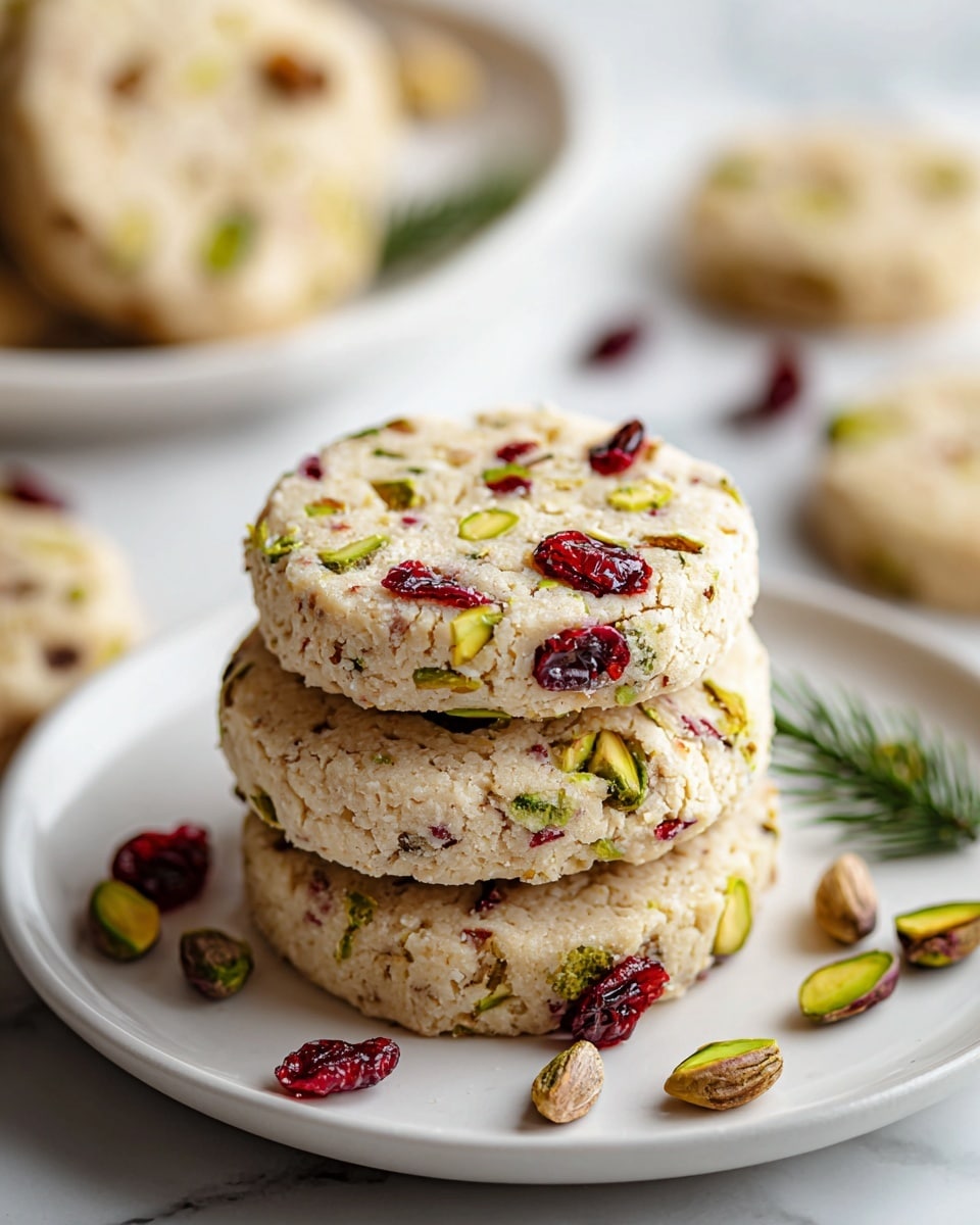 The image shows a stack of six round, light golden cookies with a crumbly texture, each dotted with bright red dried cranberries and green pistachio pieces. Some sliced pistachio nuts are scattered around the base, giving a fresh look. In the soft-focused background, there are two white bowls filled with fresh cranberries and whole pistachios, sitting on a white marbled surface. The overall visual is bright and clean, highlighting the cookies' colorful mix-ins. Photo taken with an iphone --ar 4:5 --v 7