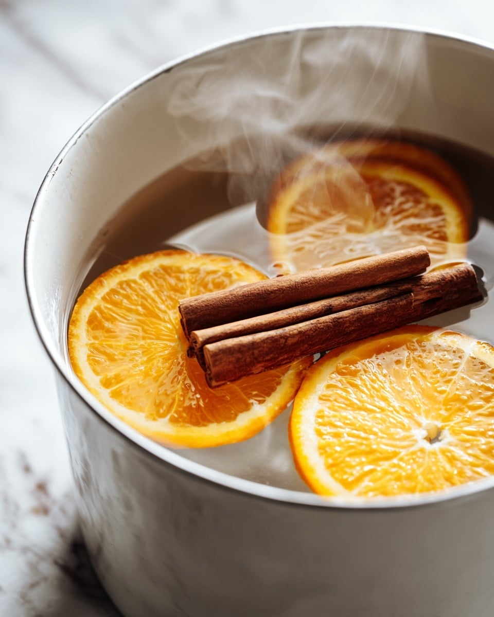 The image shows a white pot filled with clear hot water, with three thin, round orange slices floating near the surface. On top of the orange slices, two brown cinnamon sticks rest horizontally, their textured bark clearly visible. Light steam rises gently above the pot, indicating warmth. The background is a white marbled surface that softly contrasts with the warm colors of the orange and cinnamon. photo taken with an iphone --ar 4:5 --v 7