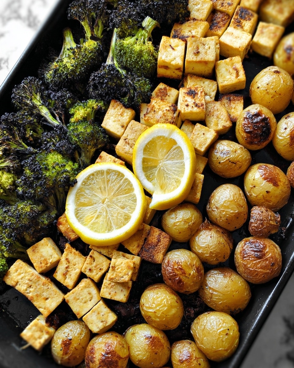 The image shows a black pan with three main layers of food arranged in rows. On the left side, there is a layer of dark green roasted broccoli with some charred edges and a rough texture. In the center, there is a layer of golden-brown tofu cubes, some with crispy edges, arranged closely together. Within this tofu layer, two thin yellow lemon slices are placed, one near the top and one near the bottom. On the right side, there is a layer of small, round golden-brown roasted baby potatoes with char marks, filling the space tightly. The background is a white marbled texture. Photo taken with an iphone --ar 4:5 --v 7