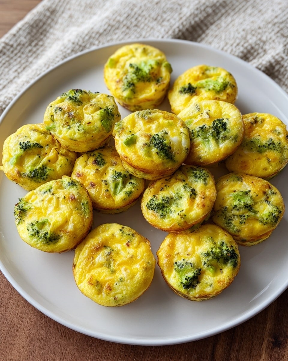 A white plate holds a group of small baked egg muffins, about fifteen in total, each roughly round and slightly puffed up. The muffins have a bright yellow color with green pieces of broccoli and possibly other small green vegetables mixed inside. The tops are lightly golden-brown with a soft and slightly bumpy texture, showing bits of cooked egg and veggies. The plate sits on a wooden surface next to a light beige woven cloth. The light highlights the warm colors and soft texture of the muffins. photo taken with an iphone --ar 4:5 --v 7