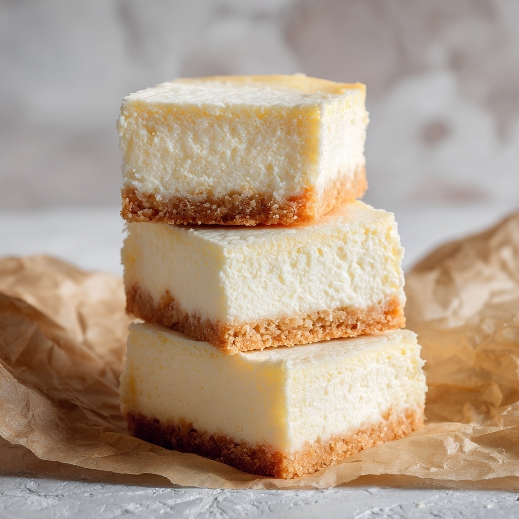 The image shows three square pieces of creamy dessert with a light beige crust at the bottom and a thick, smooth white layer on top. The pieces are stacked, with two at the back and one closer to the front on a crumpled parchment paper. The background has a soft white marbled texture. The dessert looks soft and rich, with clean, sharp edges. photo taken with an iphone --ar 4:5 --v 7