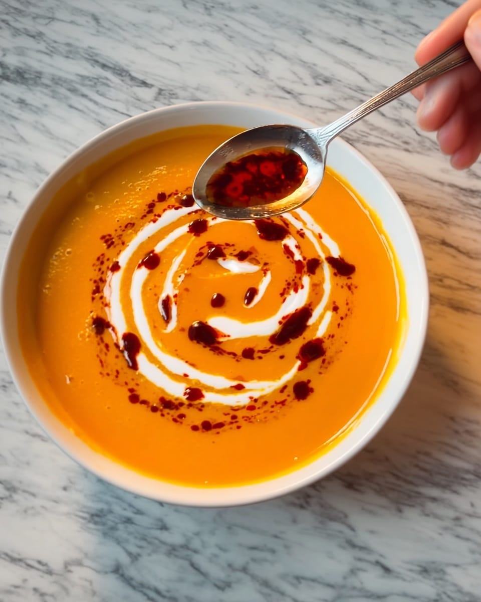 A white bowl filled with smooth orange soup sits on a white marbled surface. The soup has two decorative swirls on top: a thick cream swirl that creates an inner spiral of white circles, and a dark red chili oil swirl forming an outer circle with a shiny, slightly textured look. Above the bowl, a silver spoon is held by a woman's hand, dripping some of the dark red chili oil onto the soup. Photo taken with an iphone --ar 4:5 --v 7