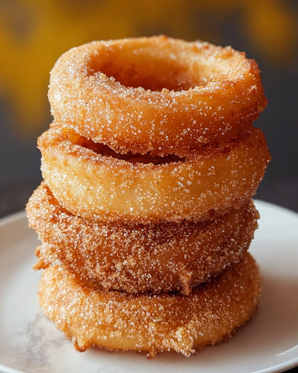 A close-up of a stack of four golden-brown onion rings, each ring thick and crispy with a rough textured surface, coated evenly with granulated sugar crystals that catch the light. The onion rings are resting on a white plate, which contrasts with the warm colors of the rings. The background has a soft blur, hinting at yellow and brown colors that add depth to the photo taken on a white marbled texture. photo taken with an iphone --ar 4:5 --v 7