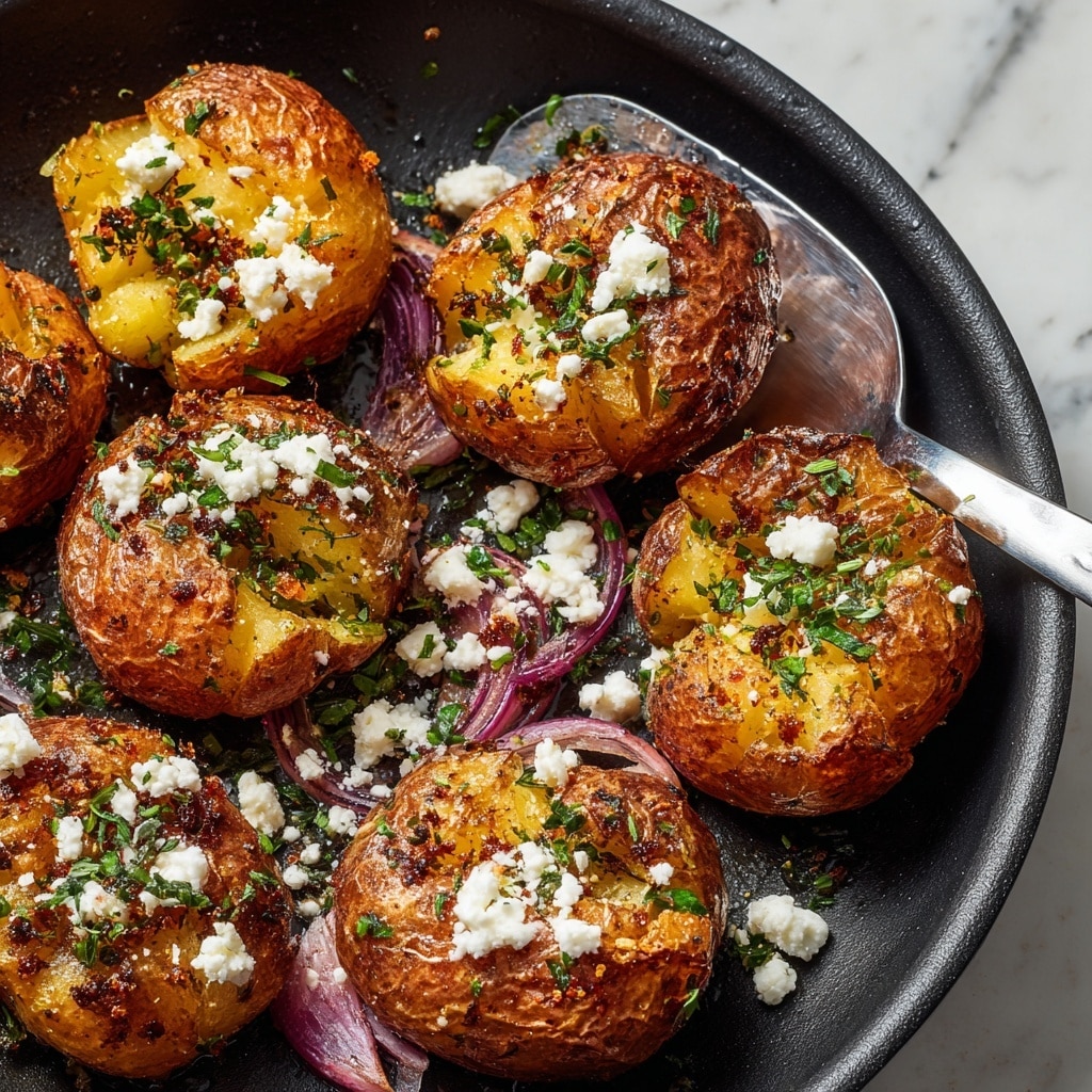 The image shows several small crispy smashed potatoes in a black pan. Each potato is golden brown with a rough, cracked surface and is split open in the middle, revealing a soft inside. White crumbled cheese is sprinkled over the top of the potatoes, along with thin slices of purple onion and small green herb pieces. A stainless steel spatula is placed at the bottom center of the pan, partially under some potatoes. The background is a white marbled texture. photo taken with an iphone --ar 4:5 --v 7