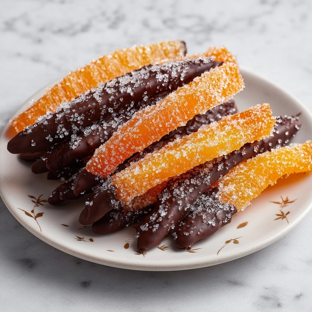 The image shows a white square plate on a white marbled surface, holding five pieces of orange peel partially dipped in dark chocolate. The orange peels are arranged in a neat line, with the chocolate-covered ends facing down and the bright orange peel side facing up. In the background, there is a peeled orange and a dark chocolate block slightly out of focus, adding depth to the picture. photo taken with an iphone --ar 4:5 --v 7