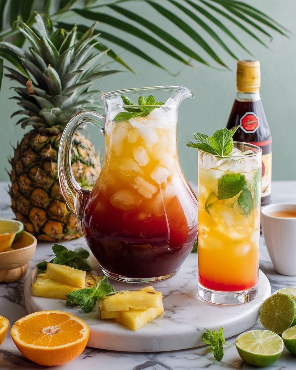 A clear glass pitcher filled with a three-layer drink sits on a white marbled round board. The bottom layer is a deep red, the middle layer is orange, and the top layer is light yellow with ice cubes floating inside. Fresh green mint leaves peek out on top. Next to the pitcher is a tall clear glass filled with the same layered drink and ice cubes, garnished with a green lime slice and mint leaves. Surrounding the board are fresh fruit pieces—pineapple slices, orange halves, and lime wedges—along with a dark syrup bottle and a white cup in the background, all set against a white marbled texture. photo taken with an iphone --ar 4:5 --v 7