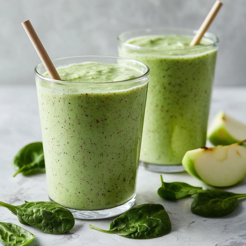 A tall clear glass filled with a smooth, creamy light green smoothie, topped with two green and white striped paper straws standing upright. The glass is placed on a white marbled surface, with blurred fruits in the background adding soft yellow and green tones. The smoothie has a thick texture, filling the glass fully. Photo taken with an iphone --ar 4:5 --v 7