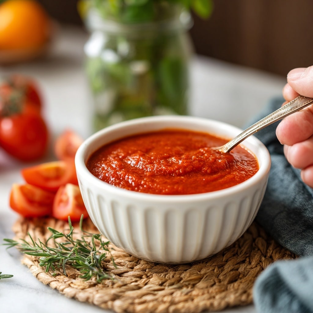 The image shows two glass jars filled with bright red tomato sauce placed on a white plate with a shiny surface. One jar is bigger and placed behind a smaller one. Next to the jars on the plate, there is a spoon with some tomato sauce, and a woman's hand is holding the spoon. The background is a white marbled texture, making the vibrant red color of the sauce stand out clearly. photo taken with an iphone --ar 4:5 --v 7