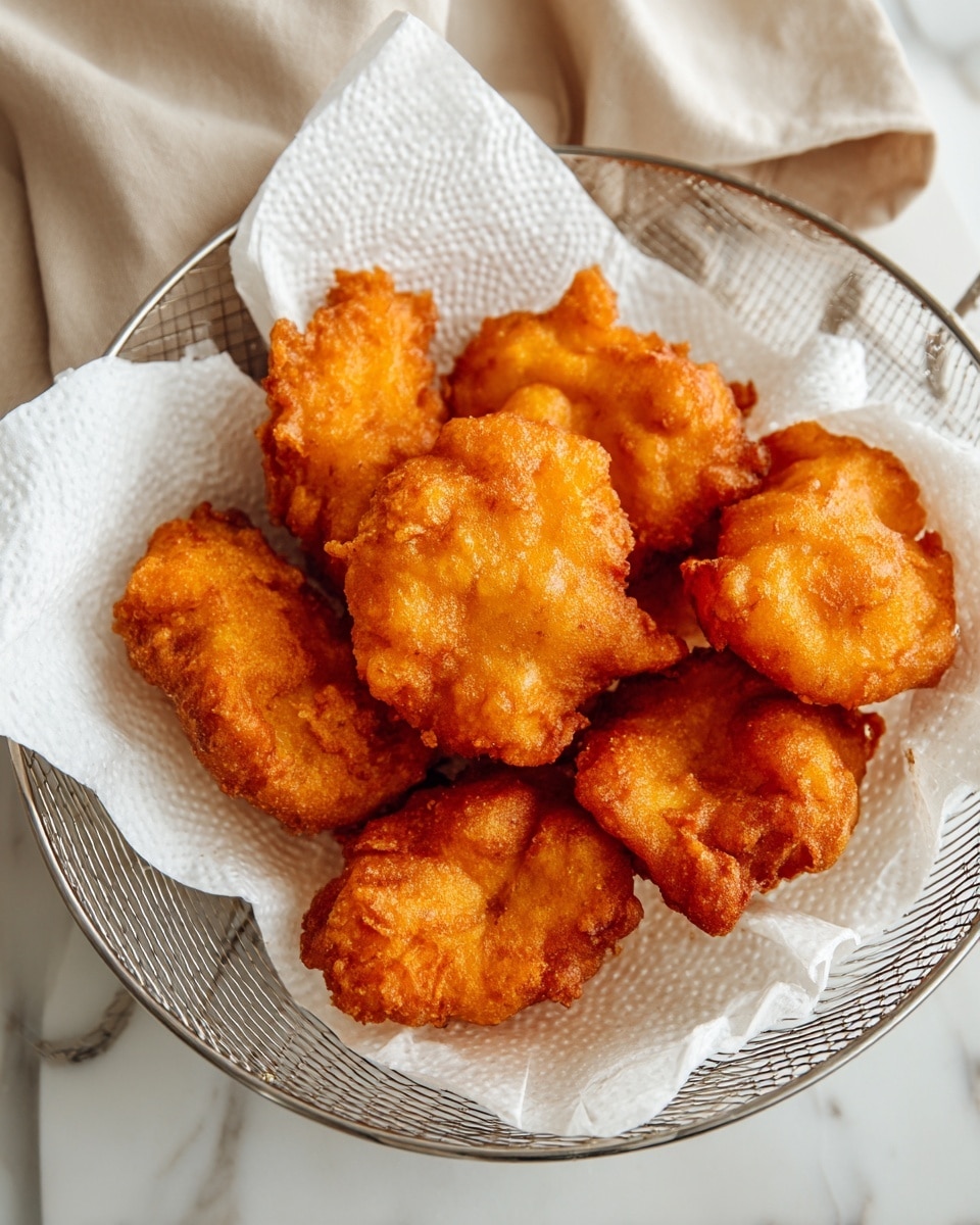 A white wire basket lined with white paper towels holds about ten pieces of golden-brown fried batter with a crispy, rough texture. The fried pieces are uneven in shape, each showing different shades of orange and brown, with some darker, crunchier edges. The basket rests on a white marbled surface with a beige cloth slightly visible in the background. photo taken with an iphone --ar 4:5 --v 7