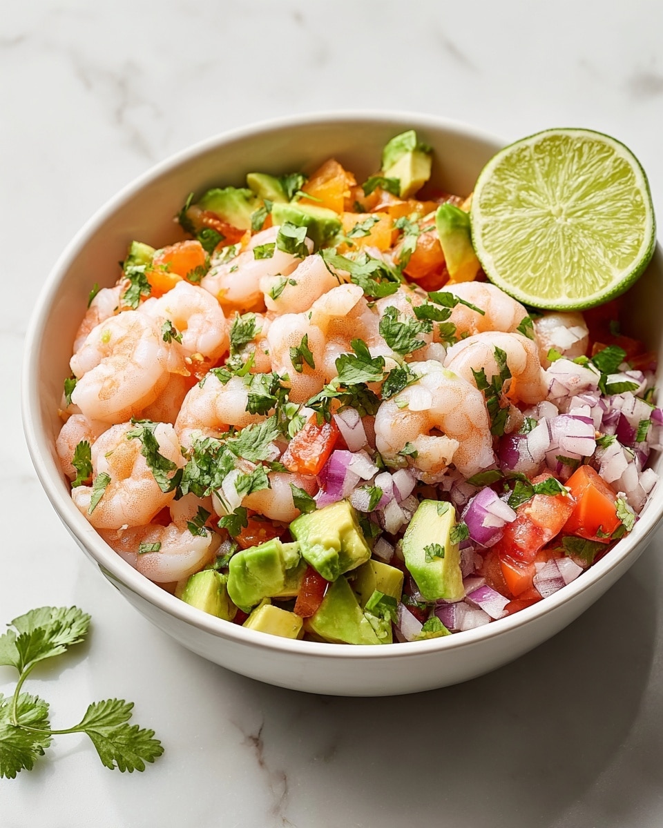 A white bowl filled with three layers of fresh ingredients: the first layer has small, diced green avocado chunks mixed with orange tomato pieces, bright purple onion slices, and green cilantro leaves scattered on top; the second layer shows pale pink cooked shrimp with a firm texture spread evenly throughout; the third layer is more of the diced vegetables and herbs blending with the shrimp, creating a colorful mix of green, orange, white, and purple; a halved lime rests on the side inside the bowl, showing its juicy, light green interior; all placed on a white marbled surface with soft lighting highlighting the fresh colors, photo taken with an iphone --ar 4:5 --v 7