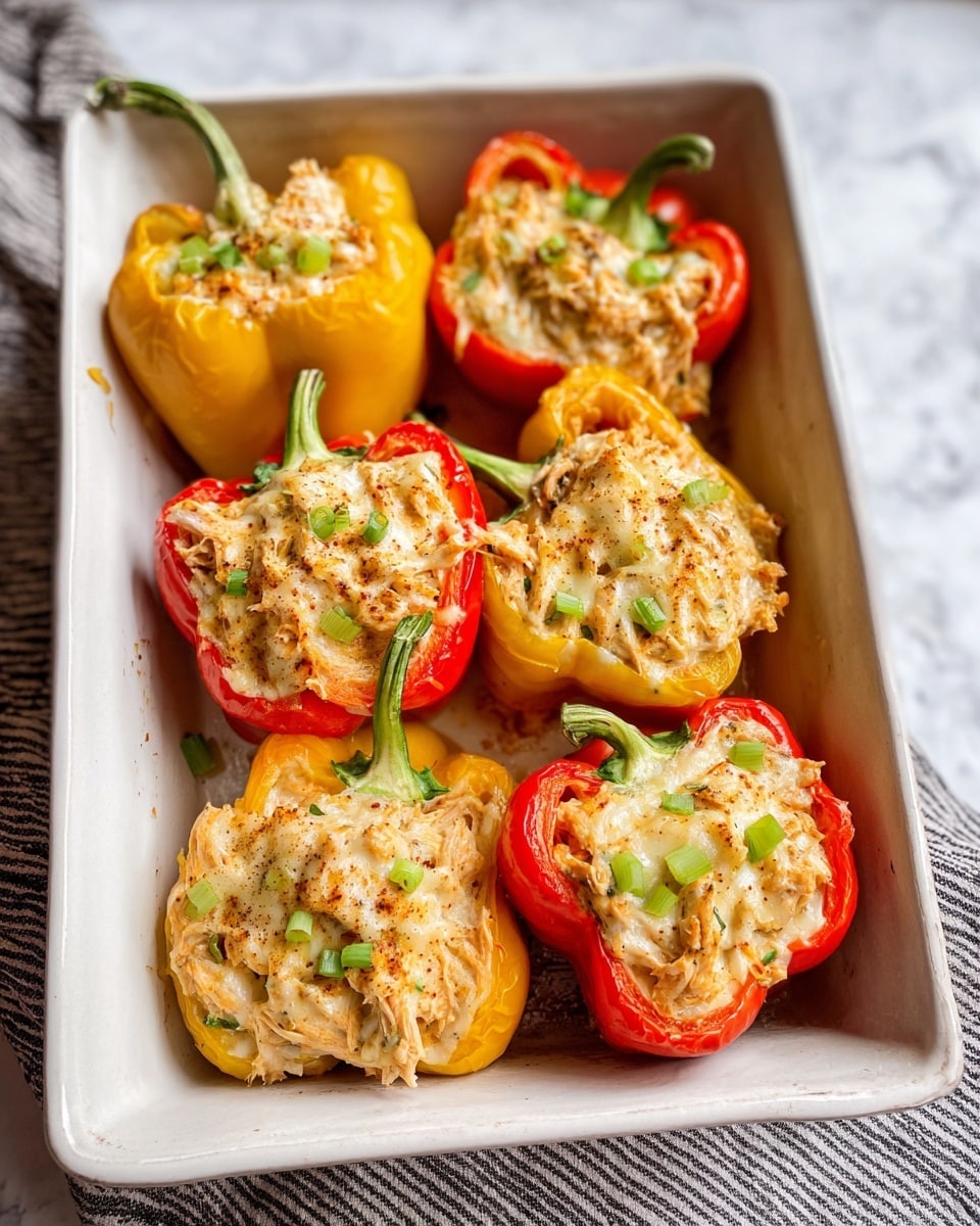 Six bell pepper halves in red, yellow, and orange colors sit inside a white baking dish, each filled with a thick mixture of shredded chicken mixed with chopped green onions and coated in melted, slightly browned cheese. The stuffing has a creamy, textured look with light brown spices visible on top. The peppers' stems curve naturally upward, adding a fresh touch. The dish rests on a striped cloth over a white marbled textured surface. photo taken with an iphone --ar 4:5 --v 7