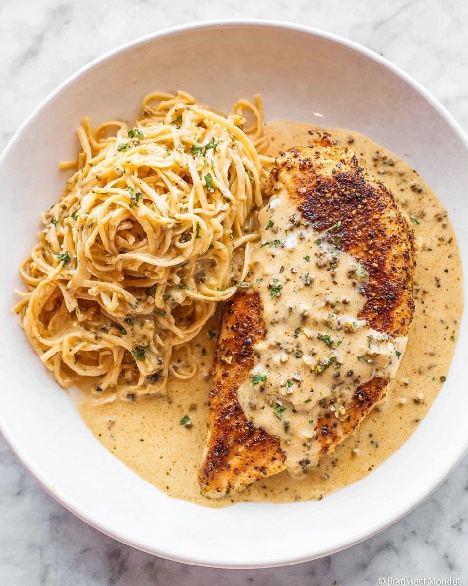 The image shows a white plate with two main parts: on the right, a thick, golden-brown seared chicken breast covered with a creamy sauce that has a light yellow color with some black pepper and green herb sprinkles; on the left, a pile of thin noodles coated lightly with the same sauce, mixed with small green herb pieces scattered on top. The chicken has a slightly crispy texture on top with seasoning visible, and the sauce pools gently around it on the plate. The plate rests on a white marbled surface. photo taken with an iphone --ar 4:5 --v 7