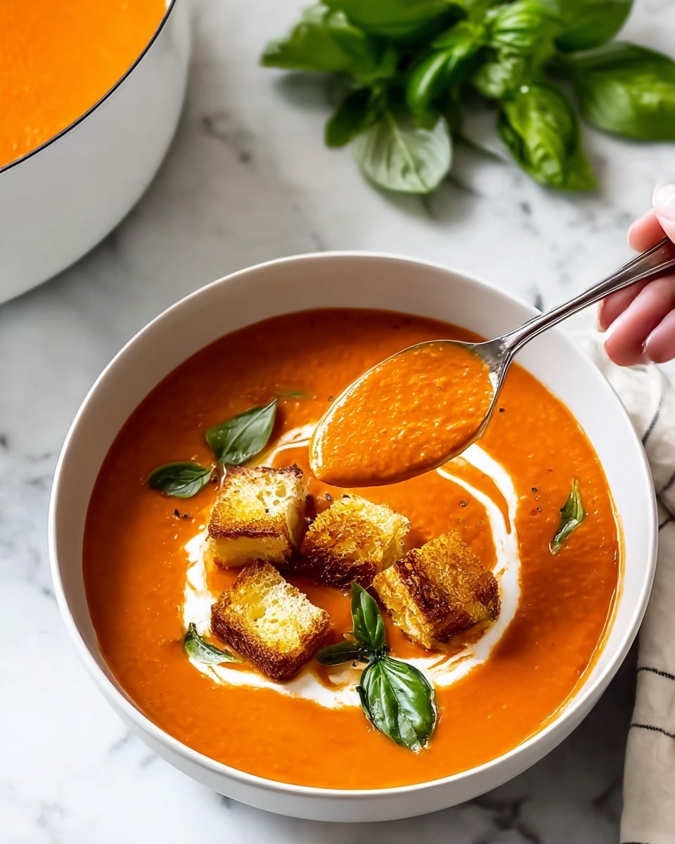 A white bowl filled with bright orange creamy tomato soup, showing a smooth texture on its surface. Inside the soup, there is a swirl of white cream creating a circular pattern around four golden-brown toasted croutons with a crispy texture, placed near the center. A few fresh green basil leaves lie next to the croutons, adding a vibrant green touch. Above the bowl, a spoon is held by a woman's hand, with some orange soup on it, slightly glossy. In the background, there is a white bowl partially filled with more of the same tomato soup, and a bunch of fresh green basil leaves on a white marbled texture surface. photo taken with an iphone --ar 4:5 --v 7