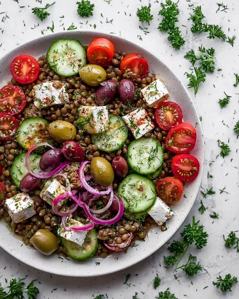 A close-up view of a layered salad in a white bowl with blue patterns; the bottom layer is a bed of brown lentils, topped unevenly with bright yellow and red halved cherry tomatoes, dark purple olives, chopped cucumber pieces with green skin and light green flesh, small crumbles of white feta cheese, and thin slices of purple-red onion scattered all over. The salad is garnished with small green herb bits, all on a white marbled surface. photo taken with an iphone --ar 4:5 --v 7