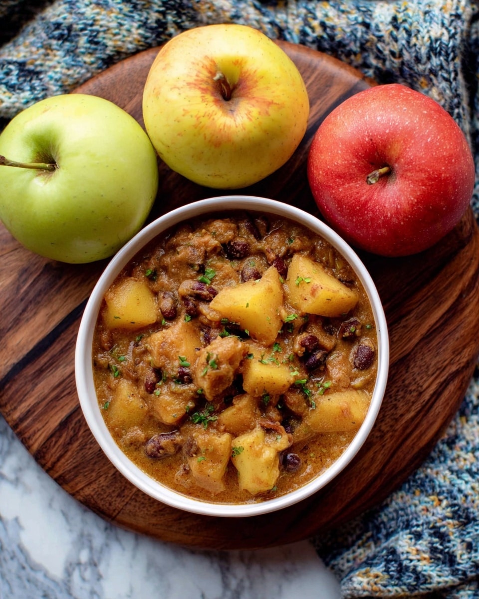 A white bowl filled with a chunky stew featuring visible layers of soft, light brown potato pieces mixed with dark brown beans, all coated in a thick, creamy, brownish sauce with small fresh green herb bits sprinkled on top. The bowl is placed on a dark wooden board next to three whole apples – one pale green, one bright yellow, and one red with some yellow highlights. The background shows a knitted fabric in shades of blue and white, and the whole scene is set on a white marbled surface. photo taken with an iphone --ar 4:5 --v 7