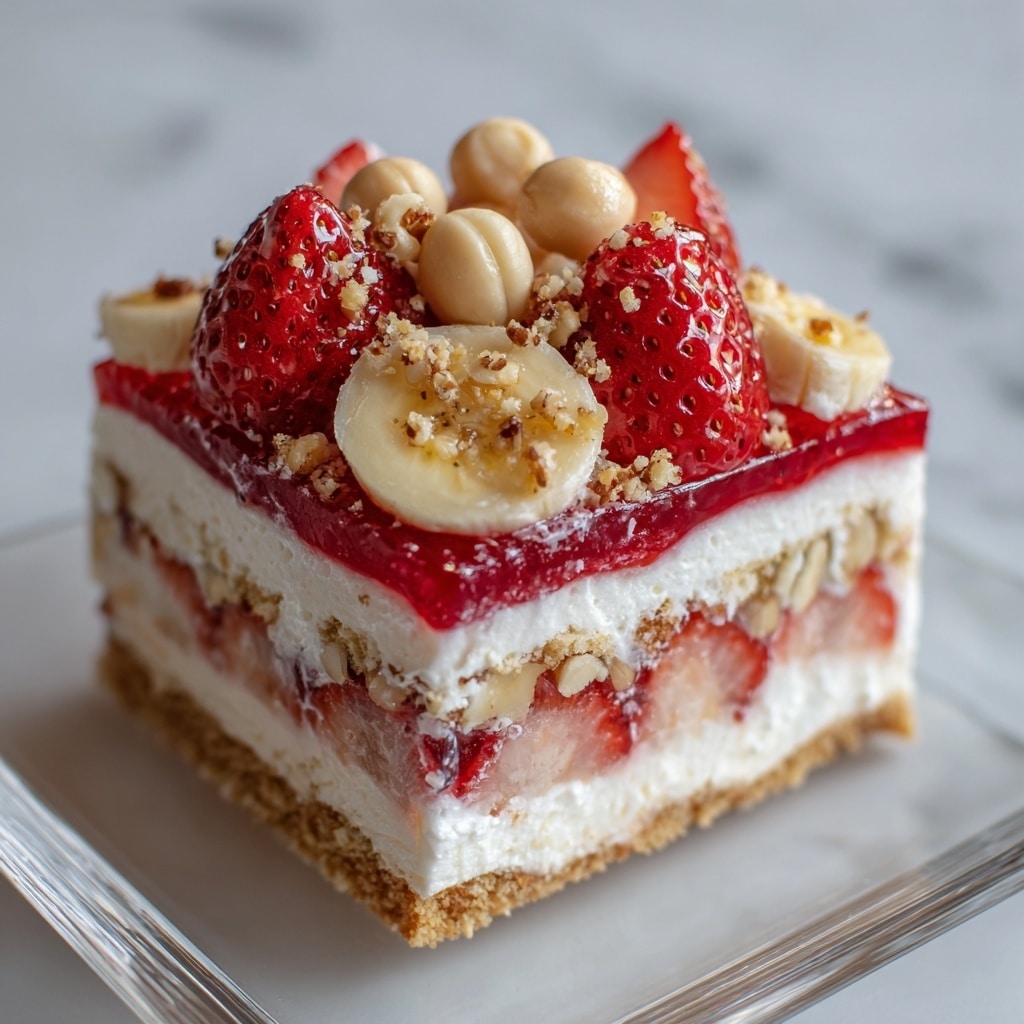 This dessert has four clear layers in a square glass dish. The bottom layer is a crumbly light brown base made of crushed cookies or cake. Above that is a thick white creamy layer with slices of banana pressed against the sides. The third layer is a bright red strawberry sauce with whole and sliced strawberries embedded in it. The top layer has large round slices of banana, whole round golden brown cookies, and cut strawberry pieces spread evenly. The dish is set on a white marbled texture surface with some strawberries and bananas blurred in the background. photo taken with an iphone --ar 4:5 --v 7