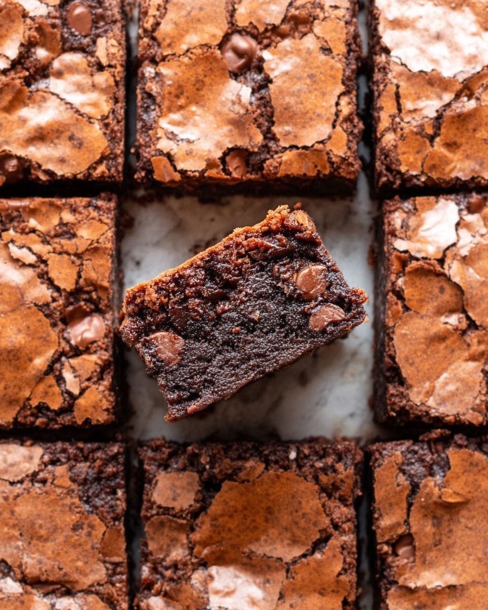 A close-up view of square chocolate brownies cut into nine pieces on a white marbled surface. One piece is lifted and held above the empty center square space, showing three visible layers: a thin, cracked shiny dark brown top crust with light brown patches, a moist and dense dark chocolate middle layer with small chunks, and a slightly lighter brown bottom layer. The surrounding brownies have a similar cracked top texture, and the edges look firm but tender. photo taken with an iphone --ar 4:5 --v 7