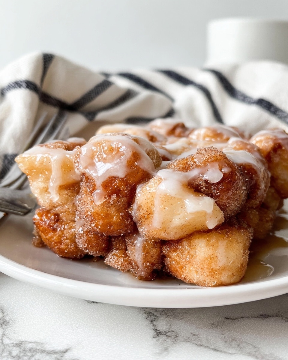 This image shows a white plate with a piece of sticky cinnamon monkey bread topped with a shiny layer of beige apple chunks and a drizzle of white icing. The bread is made of many small, rounded pieces covered in a brown cinnamon sugar coating, giving it a rough texture, while the icing on top looks smooth and glossy. The apple topping contrasts with a soft, glossy look and slightly translucent parts. In the background, there is a soft white cloth with black stripes, and the surface is a white marbled texture. photo taken with an iphone --ar 4:5 --v 7