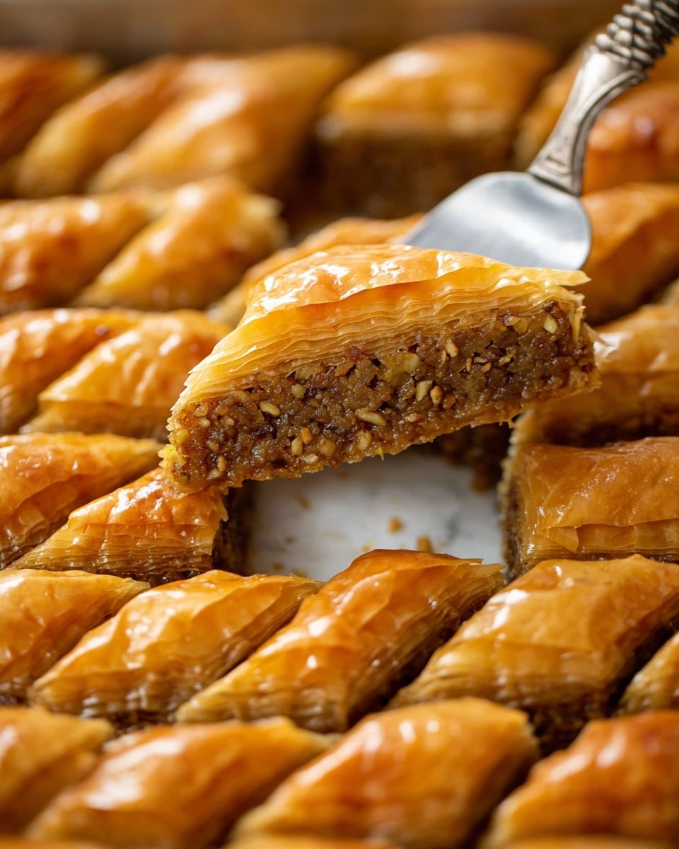 The image shows many diamond-shaped pieces of baklava arranged closely together on a white marbled surface. Each piece has multiple thin golden layers of crispy and flaky pastry on top with a shiny, syrup-coated finish that gives a glossy look. Inside, there is a dense, textured filling of crushed nuts, visible through the pastry layers, with a brown and slightly green tinge from the nuts. One piece is being lifted by a metal spatula, revealing the thick layered pastry and nut filling inside, highlighting the contrast between the crunchy top and the moist filling. Photo taken with an iphone --ar 4:5 --v 7