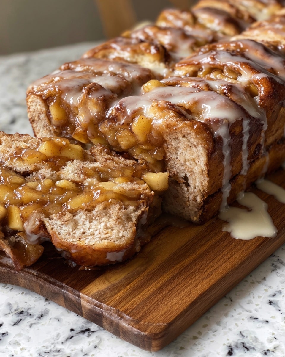 The image shows a close-up of a large pull-apart cinnamon apple bread loaf on a wooden cutting board placed on a white marbled surface. The bread has about four thick layers, each filled with a glossy, chunky apple and cinnamon mixture that is a warm golden-brown color. The top of the bread is golden and slightly crispy with a sticky, shiny glaze made of icing that drips down the curved surfaces of the bread rolls in a creamy white color. One section is sliced revealing the soft, airy inside bread crumb that is light brown and moist with apple bits in between the folds. photo taken with an iphone --ar 4:5 --v 7