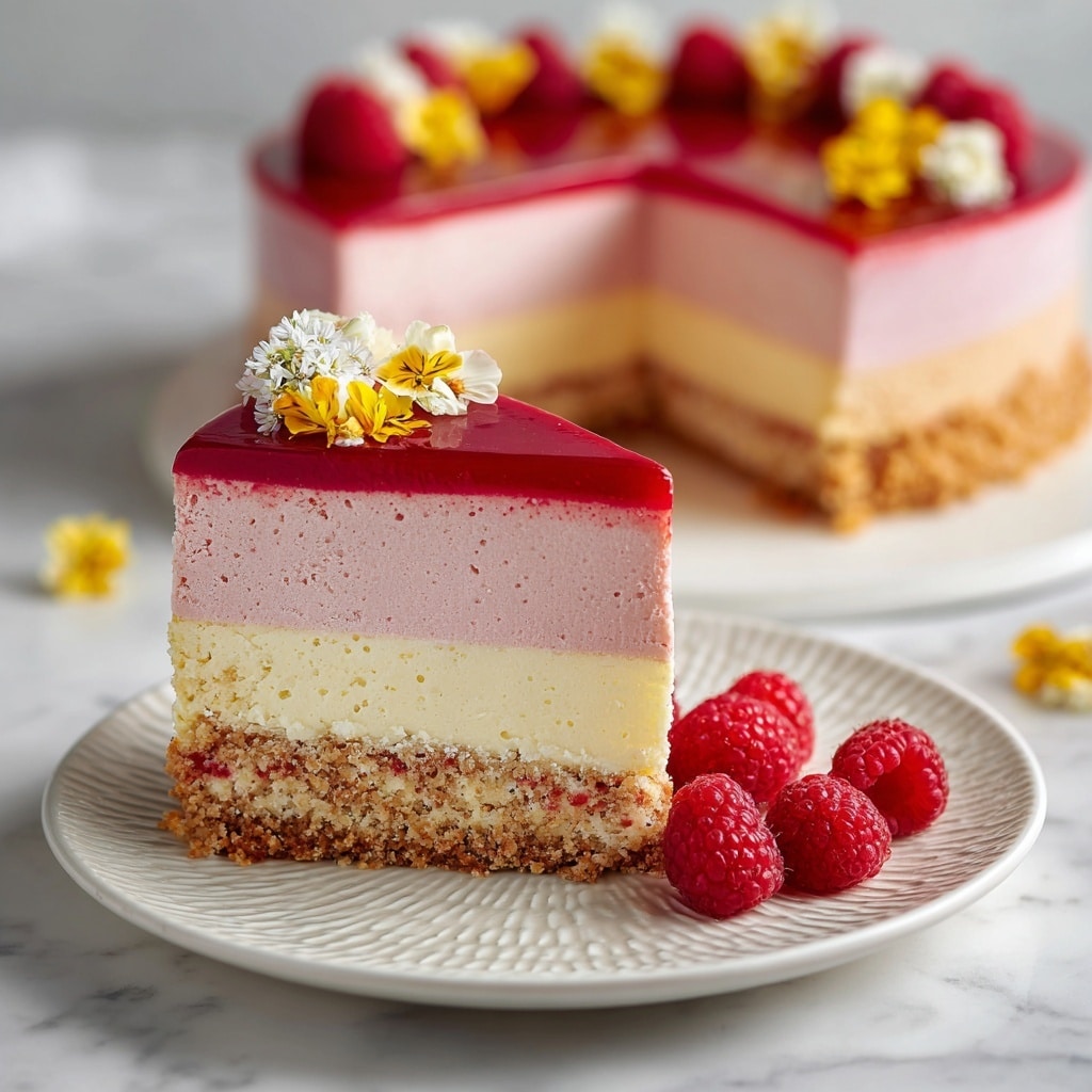 The image shows a multi-layered cake slice on a white plate with a textured pattern, all placed on a white marbled surface. The cake has four visible layers: the bottom layer is a crumbly, nutty light brown base; above it is a thicker pale pink mousse layer; next is a thinner, creamy light yellow layer; and on top is a smooth, glossy bright red layer. The whole round cake in the background has the same layers and is decorated with fresh raspberries and small yellow flower petals on one side. Several loose raspberries lay beside the cake set on a white marbled surface. Photo taken with an iphone --ar 4:5 --v 7