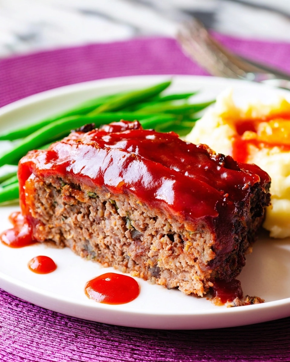 A thick slice of meatloaf sits in the center of a white plate, covered with a glossy, deep red ketchup sauce that drips down the sides with a smooth texture. The meatloaf shows a dense, crumbly brown interior with a slightly coarse texture. On the upper left side of the plate, a small bunch of bright green beans lay flat, adding a fresh, crisp look. In the top right corner, there is a golden-brown portion of mashed potatoes with a slightly uneven surface. Small drops of red ketchup are scattered near the meatloaf on the plate. The plate is placed on a white marbled surface with a purple placemat underneath. Photo taken with an iphone --ar 4:5 --v 7