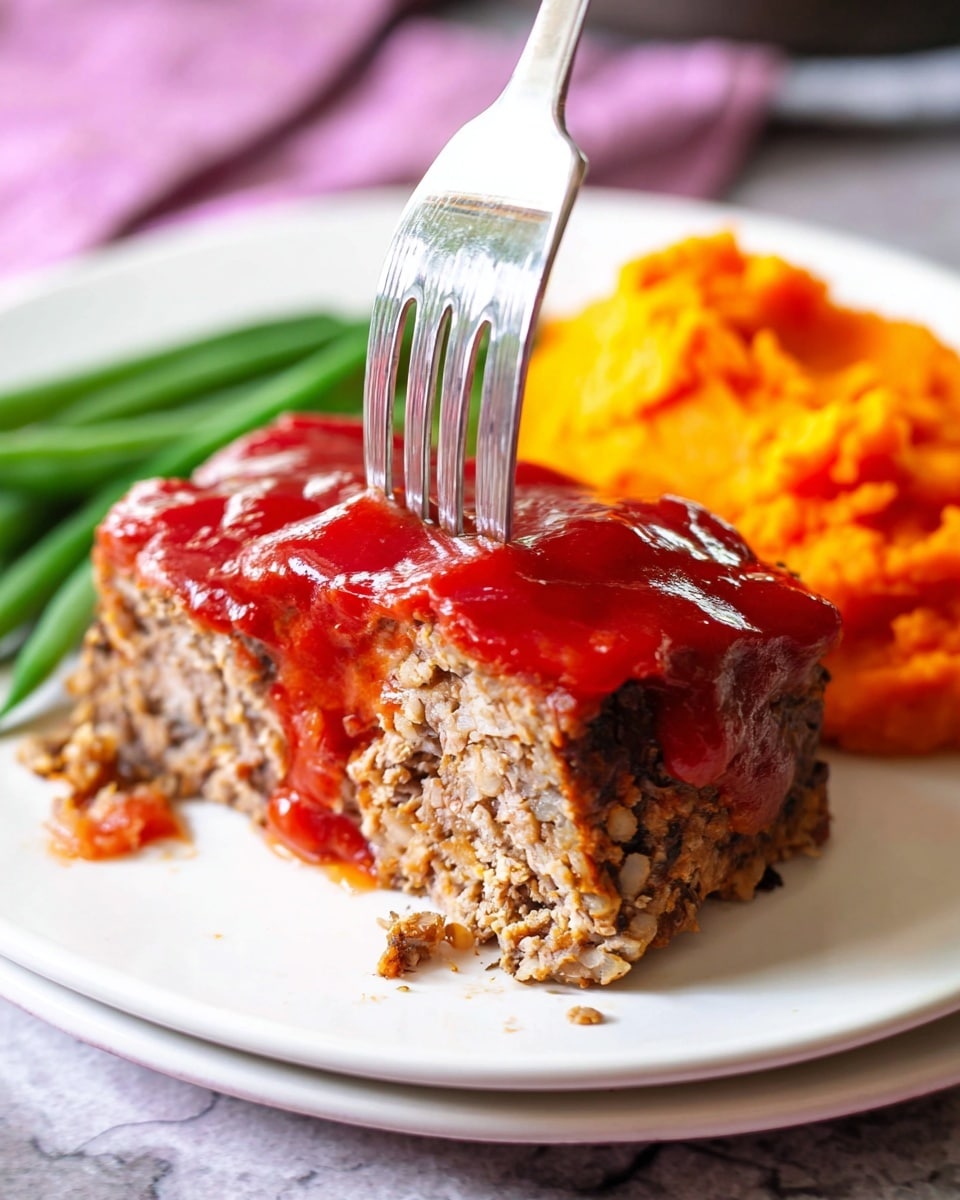The image shows a close-up of a thick slice of meatloaf covered with a shiny, bright red tomato sauce on top, with some sauce dripping down the sides and pooling on the white plate. The meatloaf has a crumbly texture with small bits visible inside the brown cooked meat layer. To the right of the slice, there is a smooth, thick serving of bright orange mashed sweet potatoes. In the background, behind the meatloaf, there are a few long, green beans laying across the plate. A silver fork pierces the top layer of the meatloaf, held by a woman’s hand that is not fully visible. The plate rests on a white marbled textured surface. Photo taken with an iphone --ar 4:5 --v 7