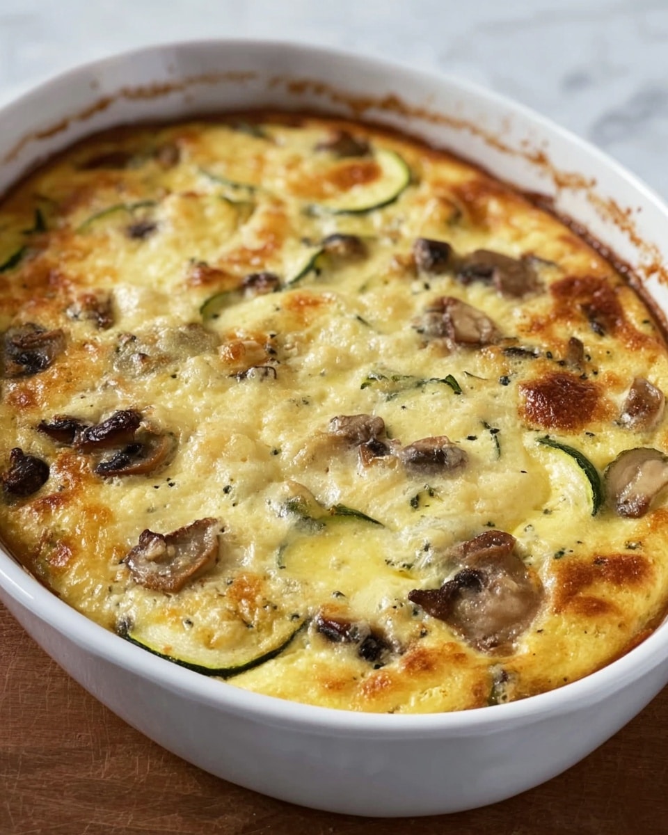 The dish is a baked casserole in a white oval baking dish, filled with a golden-brown top layer that looks cheesy and slightly crispy. Under the top layer, there are visible slices of green zucchini and browned mushroom pieces scattered evenly throughout the creamy, light yellow egg base. The texture of the top is uneven with some browned spots, indicating a well-cooked crust, while the inside looks soft and moist. The baking dish edges show some baked cheese residue that is slightly browned. The surface underneath the dish is a white marbled texture. photo taken with an iphone --ar 4:5 --v 7