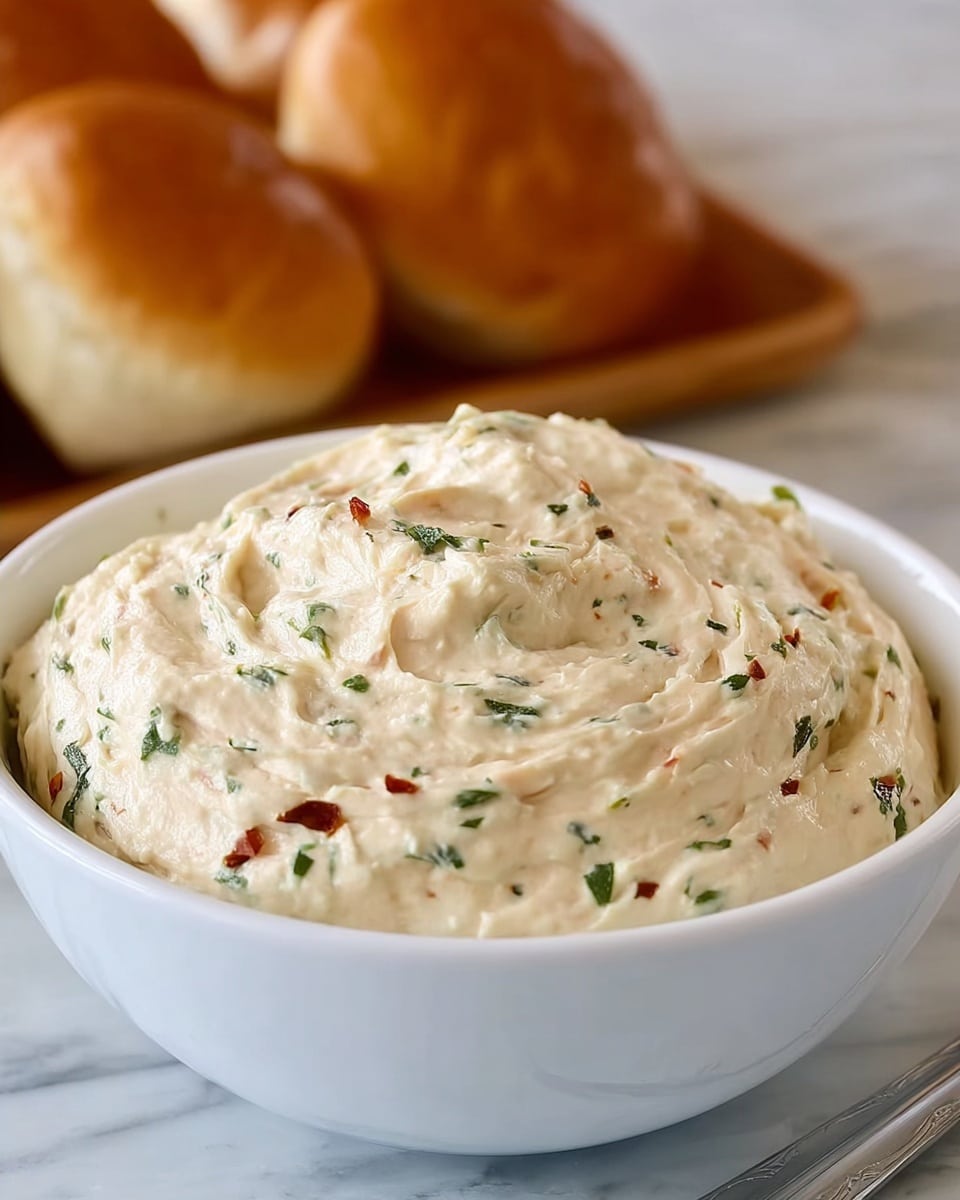 A white bowl sits on a wooden board filled with a creamy, swirled dip that is light beige with specks of green herbs and red pepper flakes throughout, giving it a textured, slightly chunky look. Behind the bowl, there are two golden brown, shiny bread rolls topped with poppy seeds, showing a soft, fluffy texture. The scene is set on a white marbled surface with a metal butter knife visible near the bottom right corner. Photo taken with an iphone --ar 4:5 --v 7