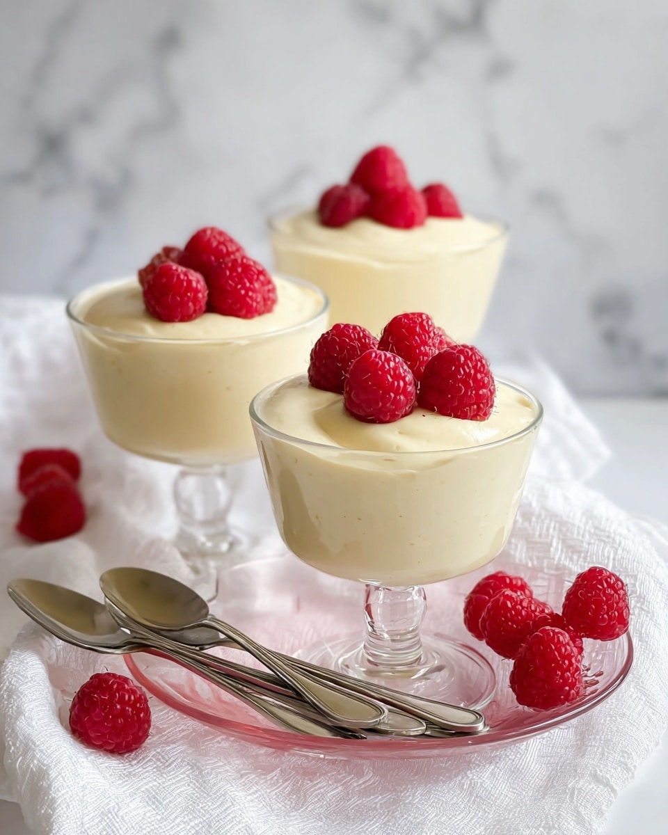 The image shows three clear glass dessert cups filled with a thick, creamy pale yellow mousse that has tiny black vanilla specks, each cup topped with three bright red raspberries. The mousse in each glass is smooth with soft peaks and swirls on the surface. Some fresh raspberries are also scattered on a white marbled surface with a textured white cloth underneath part of the glasses. Two silver spoons with white handles lie next to the desserts on the surface. The background is softly blurred, making the mousse and raspberries the main focus. photo taken with an iphone --ar 4:5 --v 7