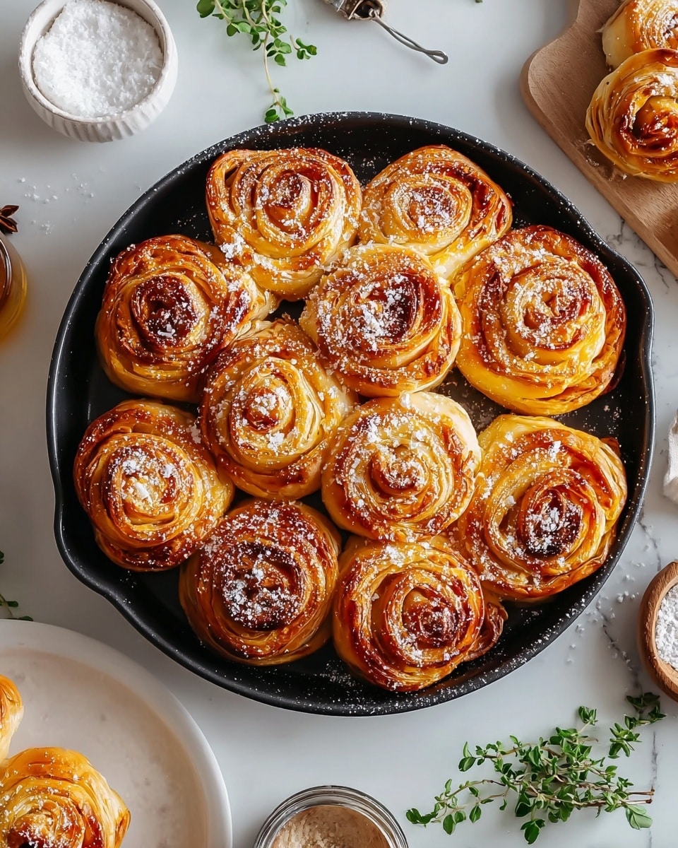 A round black pan holds 11 golden-brown puff pastry rolls shaped like roses, each with many thin, crispy layers visible in a swirled pattern. The rolls are dusted lightly with white powdered sugar, giving a soft contrast to their shiny, caramelized tops. To the side, there are small white bowls with white powdered sugar and spices, along with fresh green herbs scattered on the white marbled surface. The setting looks bright and clean, with some extra puff pastry pieces and seasoning jars nearby. photo taken with an iphone --ar 4:5 --v 7