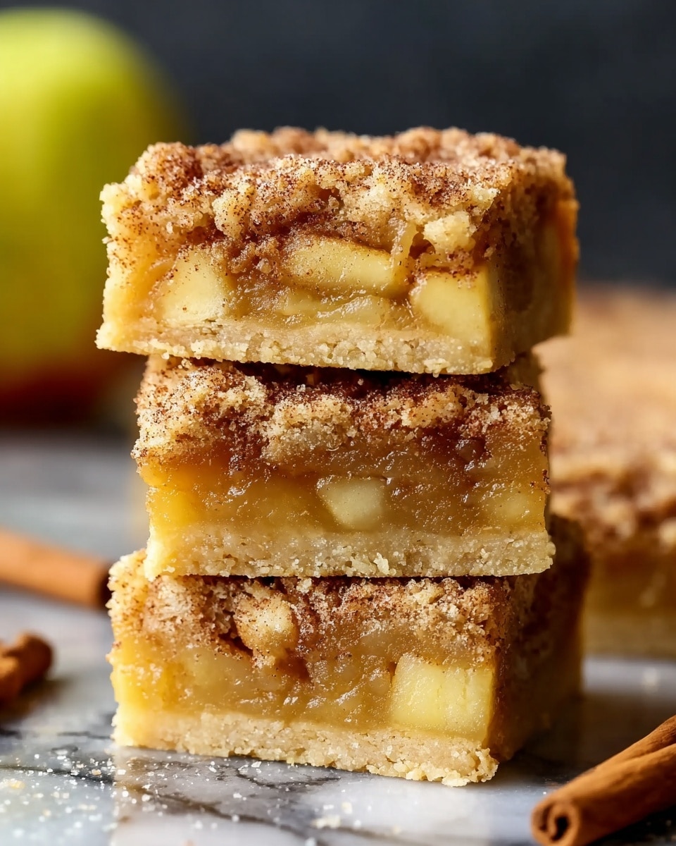 A close-up of a stack of three square apple bars shows three visible layers in each bar. The top layer is a light golden crumbly crust with a sprinkle of brown cinnamon powder. The middle layer is translucent golden brown filling with soft yellow apple chunks inside. The bottom layer is a thin, denser base crust similar in color to the top but smoother. The bars are stacked on each other against a dark blurred background with some scattered crumbs and cinnamon sticks on a white marbled texture. Photo taken with an iphone --ar 4:5 --v 7