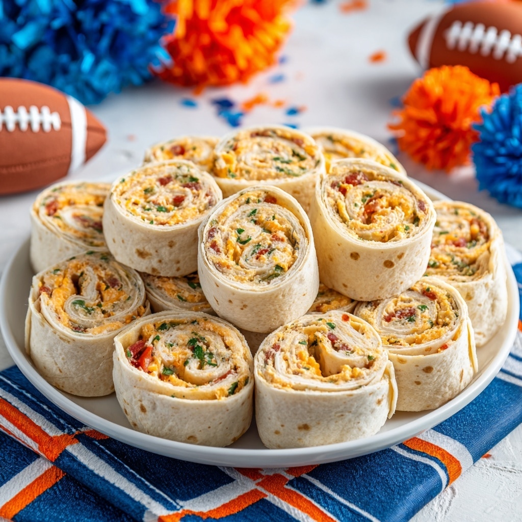 A large white plate filled with about six layers of small tortilla pinwheels arranged closely together. Each pinwheel is cream-colored with visible bits of orange cheese, green herbs, and red pieces inside, showing a textured and colorful filling. The plate has a blue and orange striped napkin underneath, all set on a white marbled surface decorated with football-themed items like a football-shaped plate and small pom-poms in orange and blue colors. Photo taken with an iphone --ar 4:5 --v 7