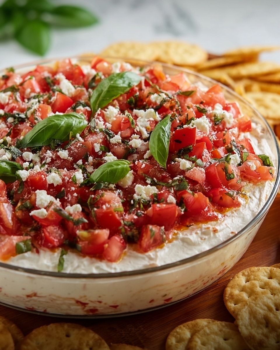A white round plate with a creamy white base layer topped with many small bright red diced tomatoes. On top of the tomatoes, there are small pieces of crumbled white cheese scattered all over. Some fresh green basil leaves and chopped herbs are spread evenly across the surface, adding pops of green color. The texture looks fresh and soft with a mix of creamy and chunky elements. Photo taken with an iphone --ar 4:5 --v 7