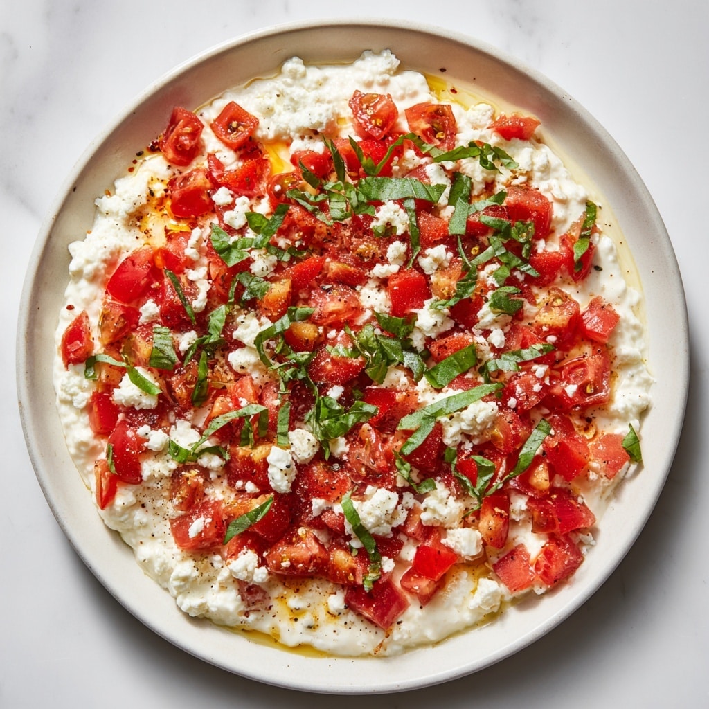 A clear glass round dish holds a creamy white base layer with a smooth, soft texture, topped with a thick layer of diced bright red tomatoes mixed with finely chopped green herbs scattered across. Small chunks of white cheese are sprinkled evenly over the tomatoes. Several whole green basil leaves sit on top for decoration. The dish is placed on a wooden board with some crackers nearby, all set against a white marbled surface. Photo taken with an iphone --ar 4:5 --v 7