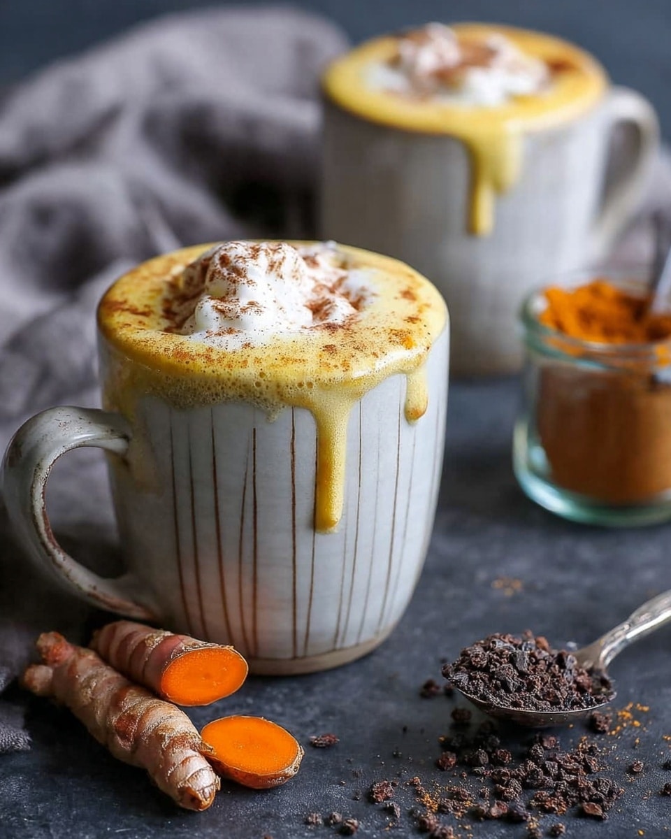 The image shows two white mugs filled with frothy golden turmeric latte, topped with a dollop of white cream and a sprinkle of brown cinnamon powder. One mug is in the front center, with cream dripping down the side, and the other mug is slightly blurred in the background. The mugs have a subtle vertical line texture and a rustic feel. In front of the main mug, there are whole and sliced bright orange turmeric roots. To the right, there is a silver spoon holding loose dark brown tea or spice powders, and behind it, a glass container with more of the same powder. The mugs are placed on a dark surface with a soft gray cloth casually arranged to the left. Photo taken with an iphone --ar 4:5 --v 7