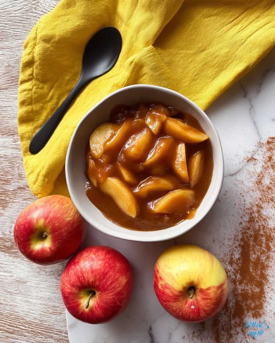 A white scalloped bowl filled with soft apple slices covered in a thick, glossy brown cinnamon sauce, each apple slice smooth with a slight shine, sitting on a white marbled surface with sprinkled cinnamon powder nearby. To the right of the bowl, a black spoon rests on a bright yellow cloth, adding a pop of color to the scene. The textures contrast between the smooth sauce, the tender apple slices, and the slightly rough marbled background. photo taken with an iphone --ar 4:5 --v 7