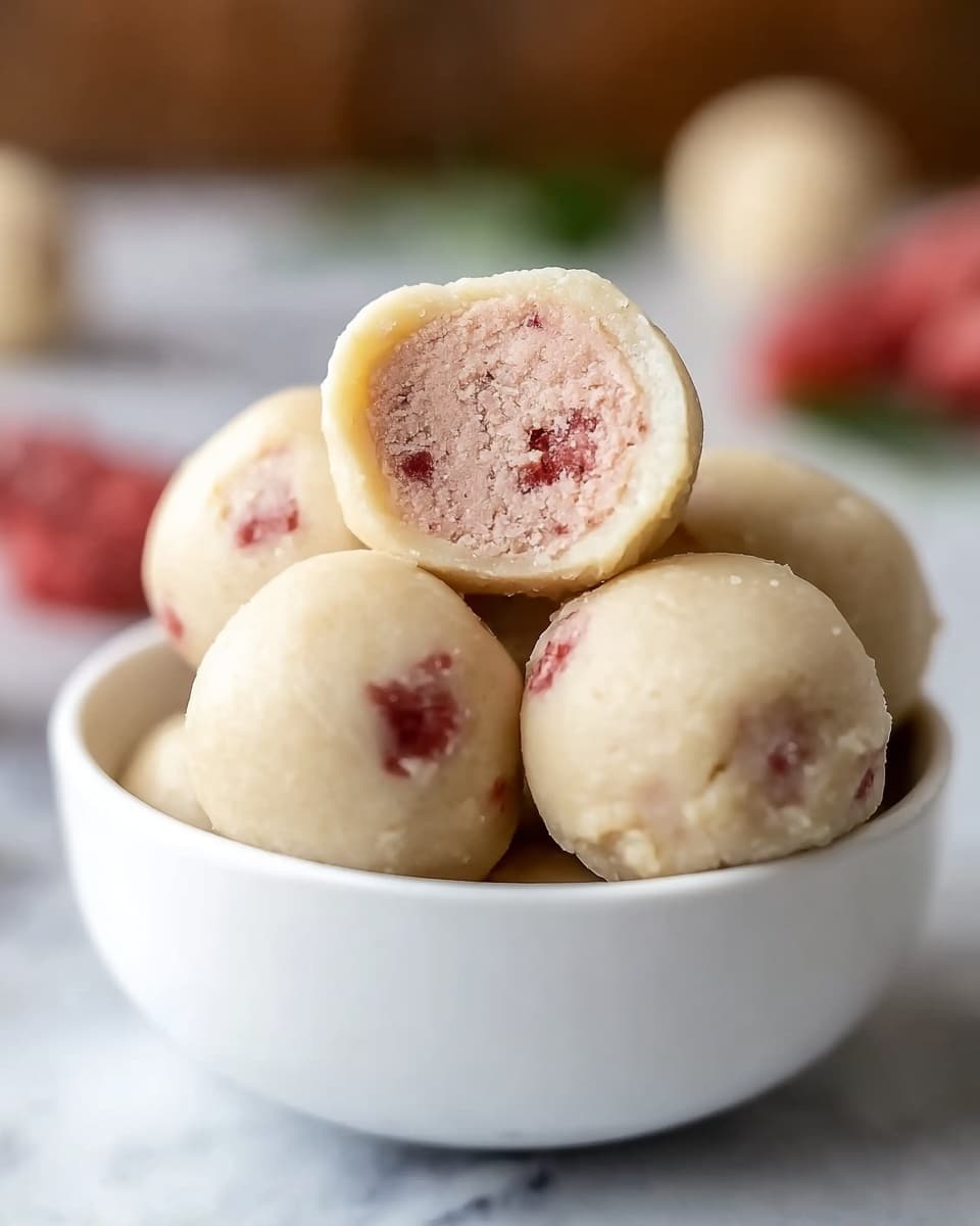 A white bowl filled with round, creamy off-white cookie dough balls that have visible small reddish chunks inside. One cookie ball is held above the bowl showing a cross-section: the outer dough layer is pale and soft, and inside is a smooth, light pink filling with a creamy texture. The bowl sits on a white marbled surface, and the background is slightly blurred with some red pieces nearby. photo taken with an iphone --ar 4:5 --v 7