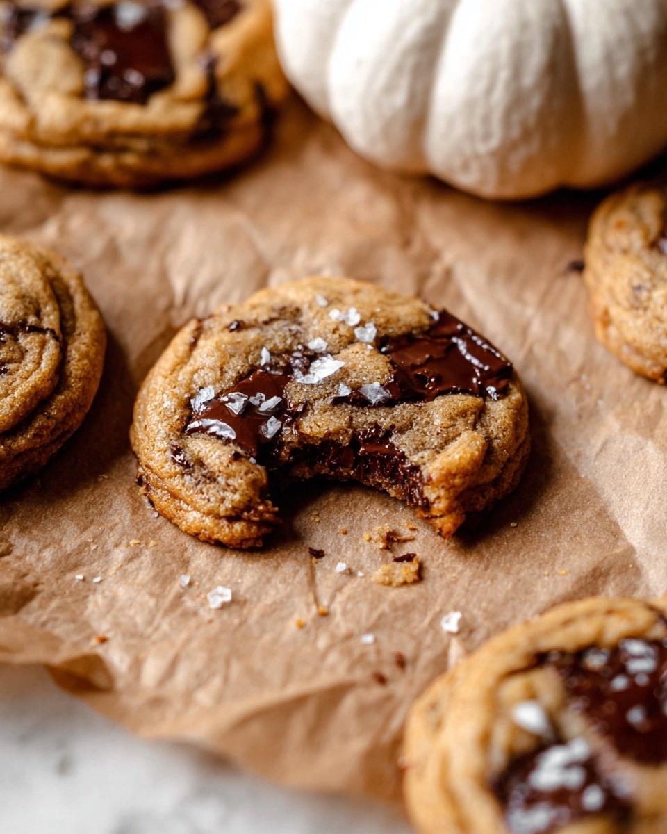 The image shows soft chocolate chip cookies placed directly on crinkled light brown paper over a white marbled surface. The cookies are golden brown with rich, melted dark chocolate chunks spread unevenly on the top, with some chocolate visible inside a cookie that has a bite taken out, showing a gooey texture. Flaky sea salt is sprinkled lightly on the cookie surfaces, adding texture and contrast. Cookie crumbs are scattered around the bitten cookie, enhancing the sense of freshness. In the background, a white pumpkin can be partially seen, adding a subtle seasonal touch. photo taken with an iphone --ar 4:5 --v 7