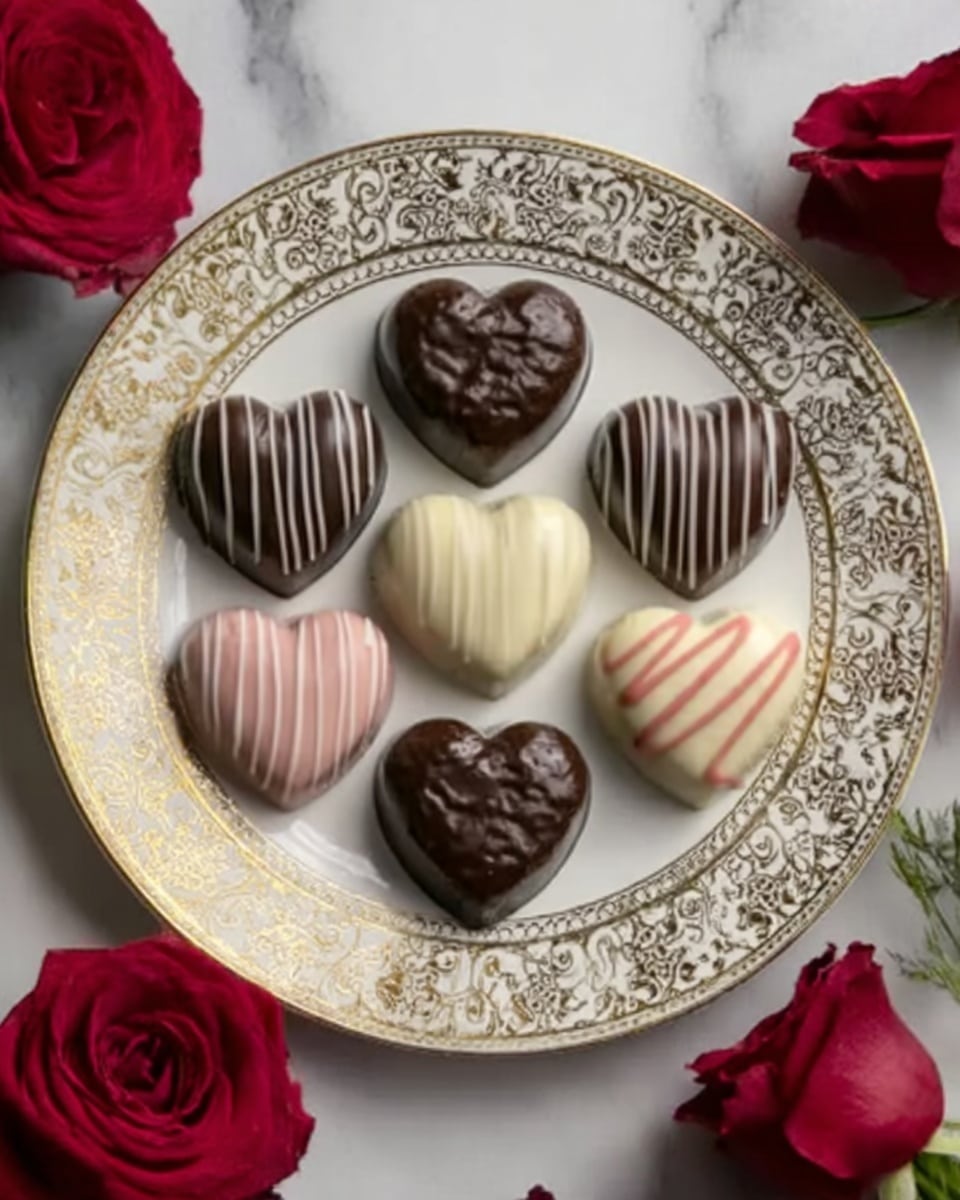 The image shows a round gold plate holding eleven heart-shaped chocolates. The chocolates have different designs: some are solid white with pink stripes, others are dark brown with white stripes, and a few are solid dark brown with a textured surface. The plate is placed on a white marbled surface and is surrounded by three red roses and a lit candle in the lower right corner. The overall setting looks romantic and cozy. photo taken with an iphone --ar 4:5 --v 7