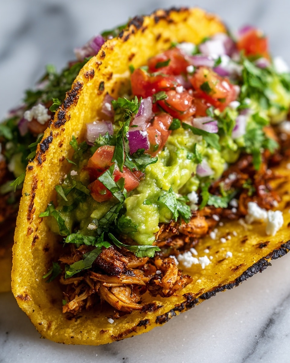 Two tacos sit close together, each made with a soft, lightly toasted white corn tortilla. The first layer inside the tortilla is small, juicy pieces of grilled chicken with a warm orange-red spice coating. On top of the chicken are small cubes of fresh, bright red tomato and finely chopped white onion. There is a dollop of chunky green guacamole placed unevenly over the tomatoes and onions. Next, crumbled white cheese is sprinkled generously over the filling. Finally, fresh green chopped cilantro is scattered on top, adding a fresh pop of color. The tacos rest on a surface with a white marbled texture. photo taken with an iphone --ar 4:5 --v 7