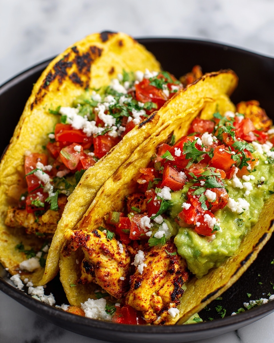 A close-up of a taco with one layer of a warm, slightly charred yellow corn tortilla as the base. On top, a thick layer of grilled chicken pieces with a golden brown and slightly blackened texture sits, showing juicy white meat inside. Above the chicken, there is a colorful mix of fresh tomato cubes, chopped onions, and green cilantro leaves. A dollop of green guacamole with a smooth yet slightly chunky texture is added on top, sprinkled with crumbled white cheese scattered around the layers. The taco rests on a surface with a white marbled texture. photo taken with an iphone --ar 4:5 --v 7