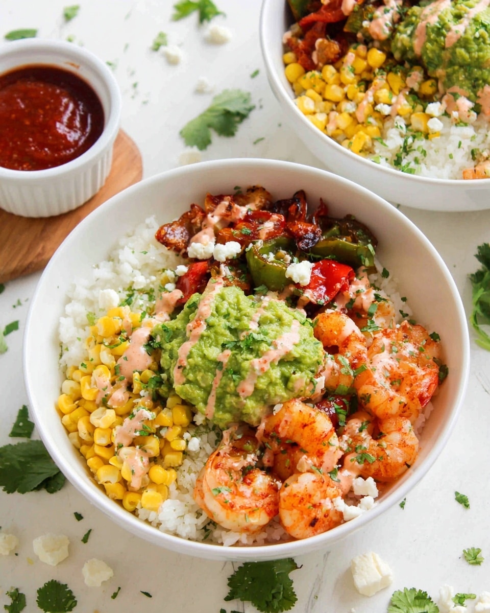 A white bowl filled with a base layer of white rice topped with three main sections: cooked orange shrimp on the right, bright yellow corn on the left, and green guacamole at the top center. There are some grilled red and green peppers mixed with the shrimp, all drizzled with a light pink sauce and sprinkled with chopped fresh green cilantro and small white cheese crumbles. In the background, there is another white bowl with similar contents and a small white ramekin with red sauce, all placed on a white marbled surface with scattered cilantro leaves and pieces of white cheese around the bowls. Photo taken with an iphone --ar 4:5 --v 7