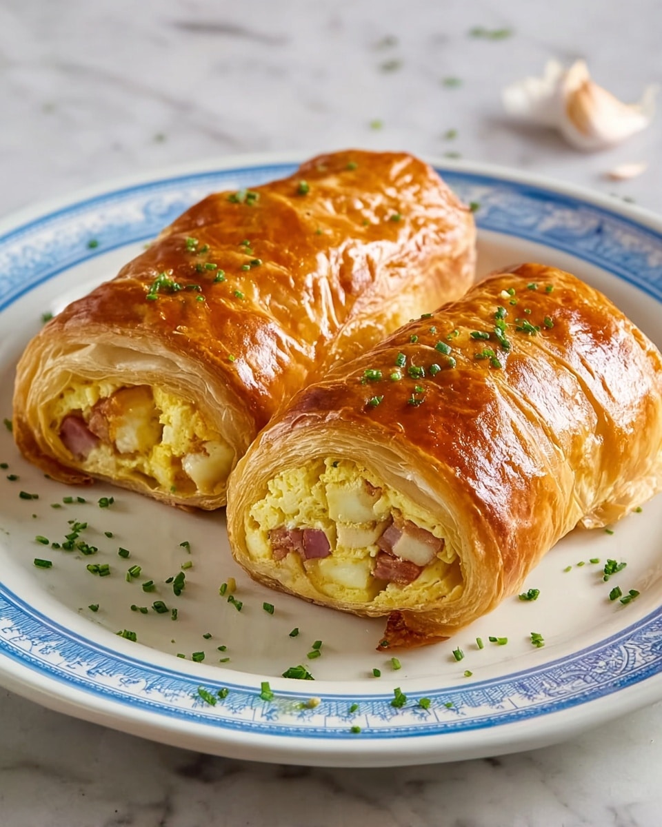 Two golden-brown puff pastry rolls are cut in half and placed side by side on a white plate with a blue patterned rim. The outer layer is flaky and shiny, showing a crispy texture, while inside there are three visible layers: a soft, pale yellow egg layer, chunks of light beige tofu or cheese, and small pieces of reddish-brown ham mixed with green herbs. The plate is garnished with small bits of green herbs scattered around the pastry, and the surface beneath the plate has a white marbled texture. photo taken with an iphone --ar 4:5 --v 7
