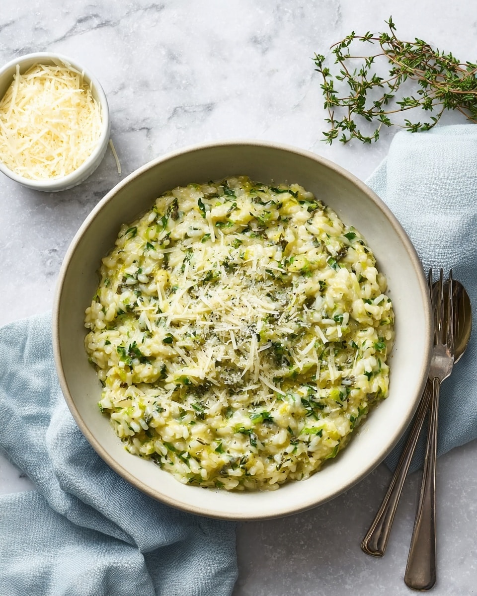A bowl filled with creamy risotto that has a mix of green herbs and grated cheese on top, showing a soft and slightly chunky texture. The risotto is pale yellow with green flecks throughout, indicating the presence of finely chopped herbs or vegetables mixed into the rice. The bowl is placed on a white marbled surface alongside a small white bowl filled with additional grated cheese. Nearby are fresh sprigs of thyme and a silver fork, with a soft, light blue cloth adding a touch of color to the background. Photo taken with an iphone --ar 4:5 --v 7