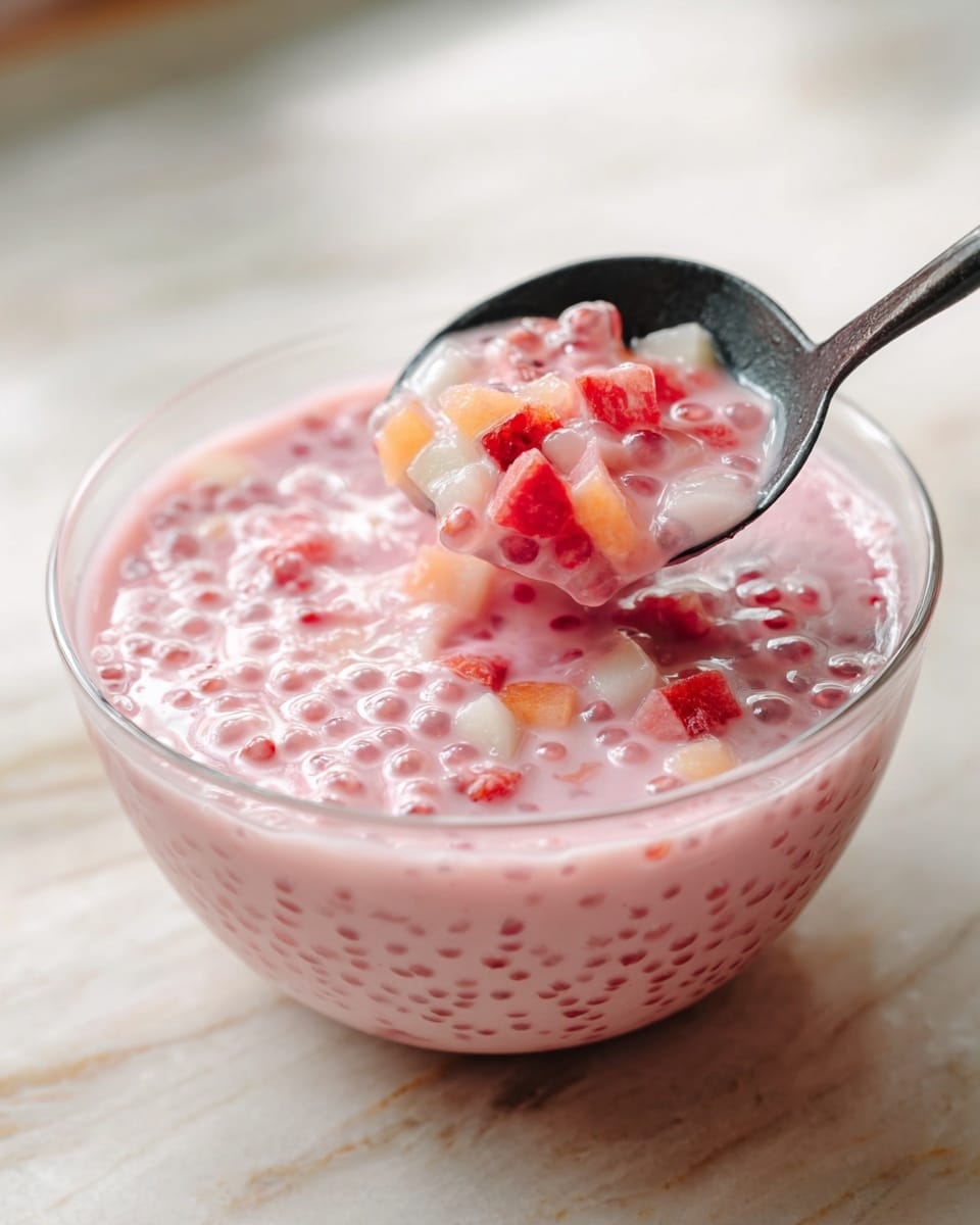 A clear glass bowl filled with a creamy, pink mixture made of small, translucent tapioca pearls and diced fruit pieces in shades of red, white, and light orange. The mixture looks thick and smooth, with tapioca pearls giving a dotted texture throughout. A black ladle is scooping up some of the mixture, showing the layers of pink cream, small round pearls, and colorful fruit chunks all together. The bowl is set on a white marbled surface with soft, natural light highlighting the creamy texture and vibrant colors. photo taken with an iphone --ar 4:5 --v 7