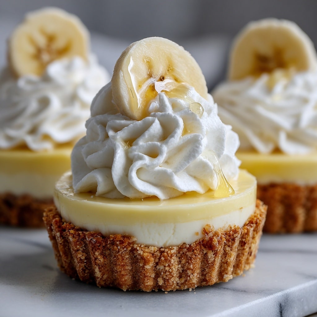 The image shows a close-up of a creamy dessert in a small tart form with three distinct layers. The base layer is a crumbly golden crust that forms the bottom and sides. The middle layer is a thick, smooth, pale yellow cream filling. On top, there is a fluffy white whipped cream layer that is swirled with soft peaks. A thin round slice of banana rests atop the whipped cream, slightly glossy with a small drop of syrup that catches the light. The dessert sits on a white marbled surface, and the background is softly blurred with more of the same tarts visible but out of focus. photo taken with an iphone --ar 4:5 --v 7