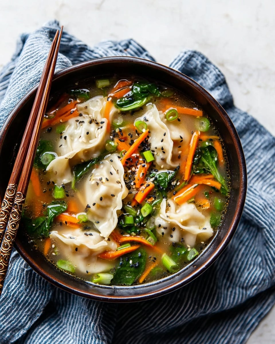 A dark bowl filled with a clear broth soup containing white dumplings with folded edges, bright orange thin carrot strips, green leafy spinach pieces and chopped green scallions, all topped with small black sesame seeds scattered on top, wooden chopsticks with patterned handles resting on the side of the bowl, the bowl placed on a blue and white striped cloth over a white marbled surface. photo taken with an iphone --ar 4:5 --v 7